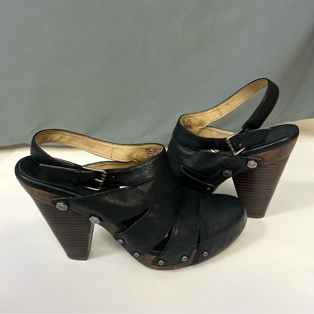 Frye Black Flora Stitch Leather Stacked Heel Slingback Clog Heels